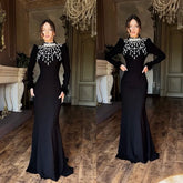 2025 Black Red Color Women Long Sleeve Shinning Crystals Long Maxi Dress Celebrate Elegant Evening Party Outfit Vestido